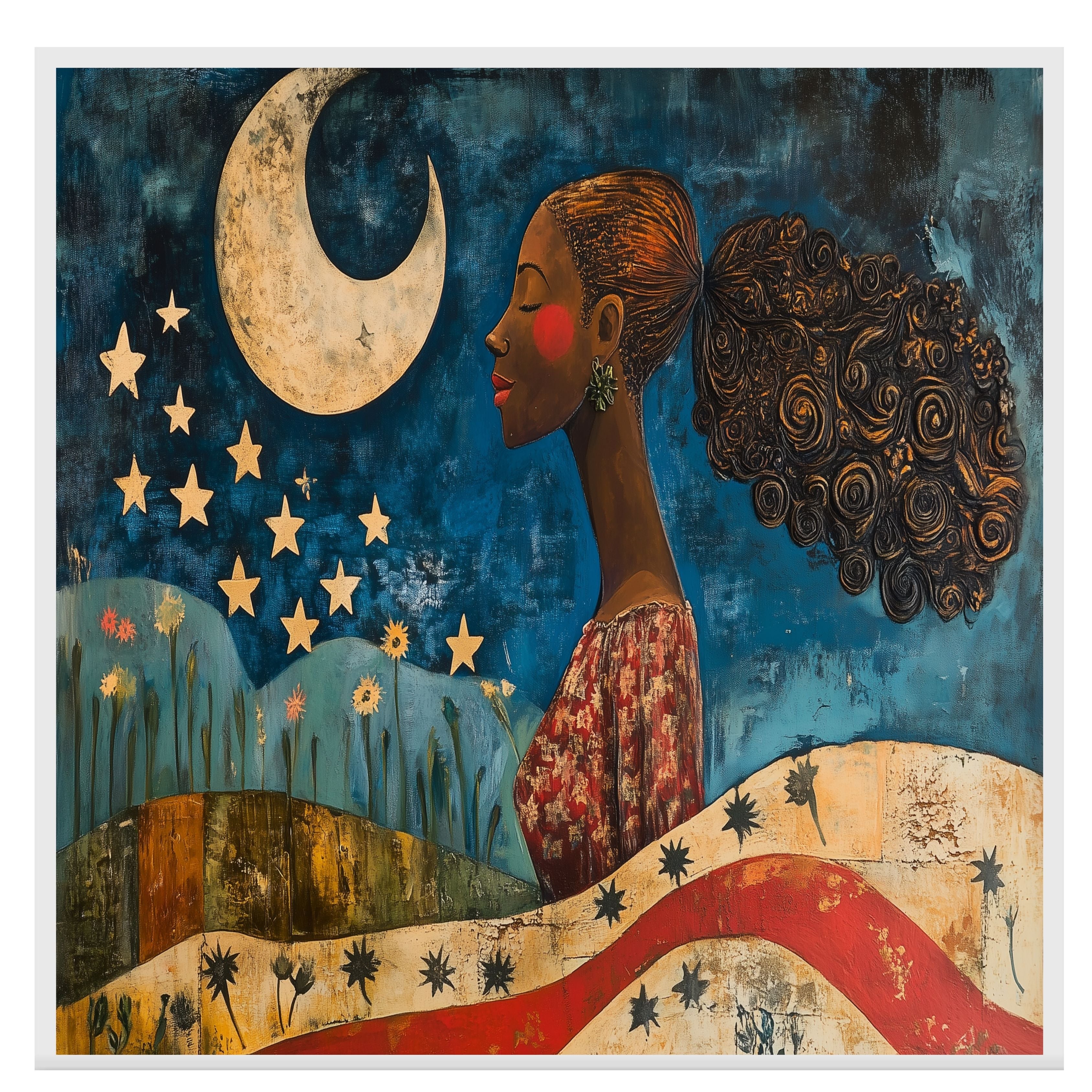 Powerful Woman Under Crescent Moon and Stars with Patriotic Motif, Folk Art Style 4th of July Scene Celebrating Strength, Nature, and Freedom on Ready to Hang 1.5" Thick Canvas Wrap, Floating Framed Canvas, Flat Rolled Canvas