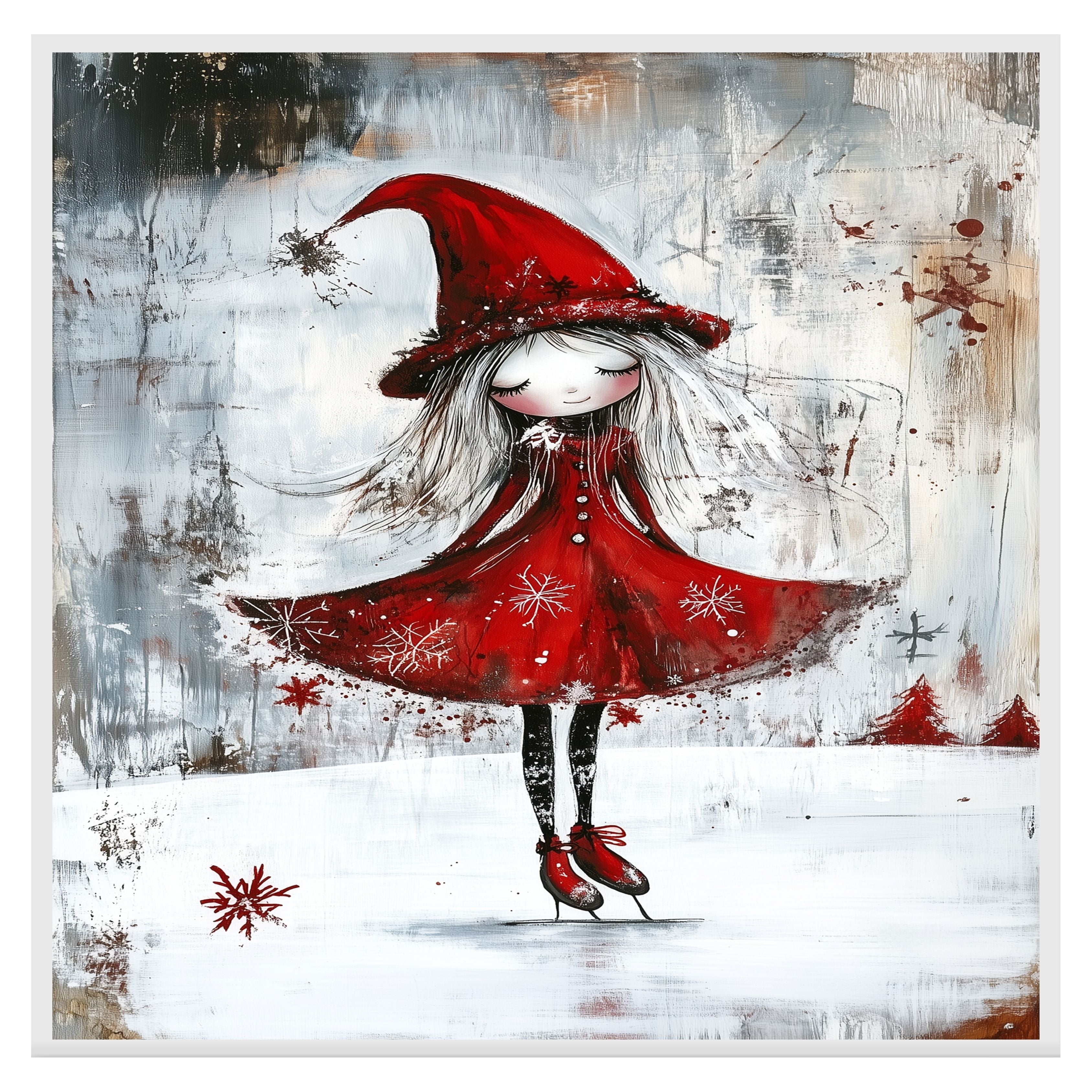 Whimsical Christmas Witch Ice Skating Print – Gothic Red Dress Winter Fairy Art, Magical Holiday Wall Decor, Snowy Enchanted Scene for Nursery or Gift on Ready to Hang 1.5" Thick Canvas Wrap, Floating Framed Canvas, Flat Rolled Canvas