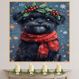Affenpinscher Christmas Dog Wall Art with Red Scarf and Holly Wreath for Winter Snow Festive Puppy Holiday Artwork on Flat Rolled, Framed or Wrapped Canvas