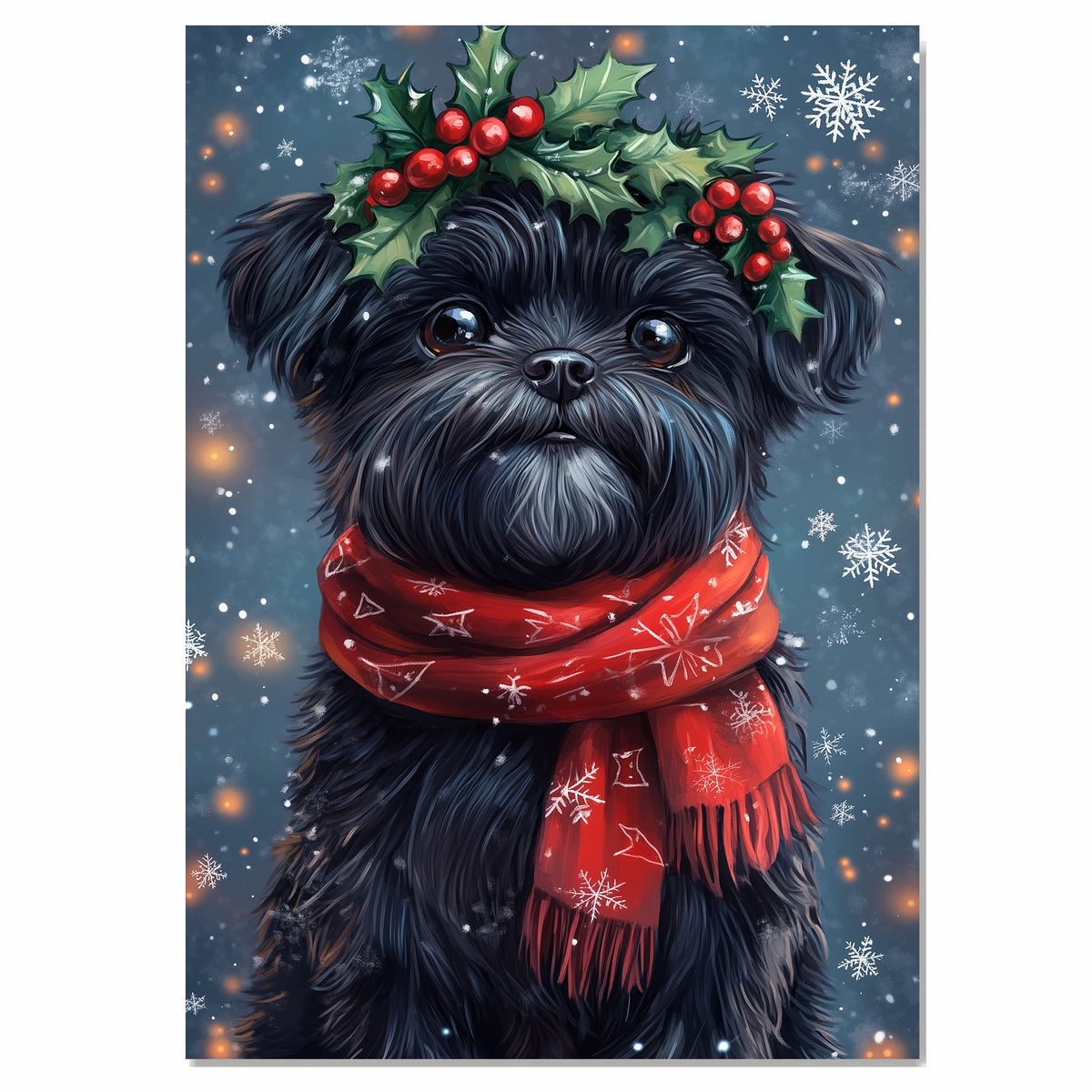 Affenpinscher Christmas Dog Wall Art with Red Scarf and Holly Wreath for Winter Snow Festive Puppy Holiday Artwork on Flat Rolled, Framed or Wrapped Canvas