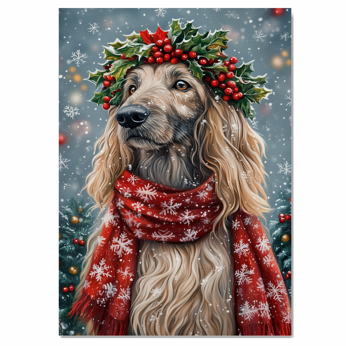 Afghan Hound Christmas Dog Wall Art with Red Scarf and Holly Wreath for Winter Snow Festive Puppy Holiday Artwork on Flat Rolled, Framed or Wrapped Canvas