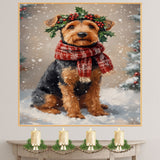 Airedale Terrier Christmas Dog Wall Art with Red Scarf and Holly Wreath for Winter Snow Festive Puppy Holiday Artwork on Flat Rolled, Framed or Wrapped Canvas