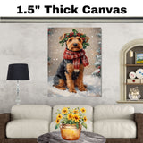 Airedale Terrier Christmas Dog Wall Art with Red Scarf and Holly Wreath for Winter Snow Festive Puppy Holiday Artwork on Flat Rolled, Framed or Wrapped Canvas