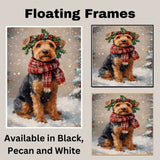 Airedale Terrier Christmas Dog Wall Art with Red Scarf and Holly Wreath for Winter Snow Festive Puppy Holiday Artwork on Flat Rolled, Framed or Wrapped Canvas