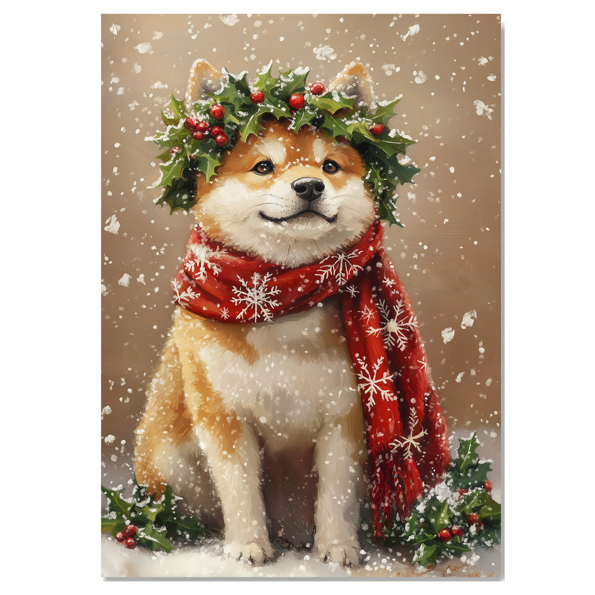 Akita Christmas Dog Wall Art with Red Scarf and Holly Wreath for Winter Snow Festive Puppy Holiday Artwork on Flat Rolled, Framed or Wrapped Canvas