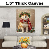 Akita Christmas Dog Wall Art with Red Scarf and Holly Wreath for Winter Snow Festive Puppy Holiday Artwork on Flat Rolled, Framed or Wrapped Canvas