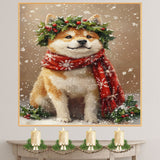 Akita Christmas Dog Wall Art with Red Scarf and Holly Wreath for Winter Snow Festive Puppy Holiday Artwork on Flat Rolled, Framed or Wrapped Canvas