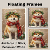 Akita Christmas Dog Wall Art with Red Scarf and Holly Wreath for Winter Snow Festive Puppy Holiday Artwork on Flat Rolled, Framed or Wrapped Canvas