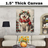 Alaskan Malamute Christmas Dog Wall Art with Red Scarf and Holly Wreath for Winter Snow Festive Puppy Holiday Artwork on Flat Rolled, Framed or Wrapped Canvas