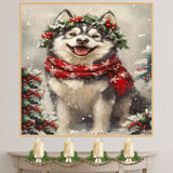 Alaskan Malamute Christmas Dog Wall Art with Red Scarf and Holly Wreath for Winter Snow Festive Puppy Holiday Artwork on Flat Rolled, Framed or Wrapped Canvas