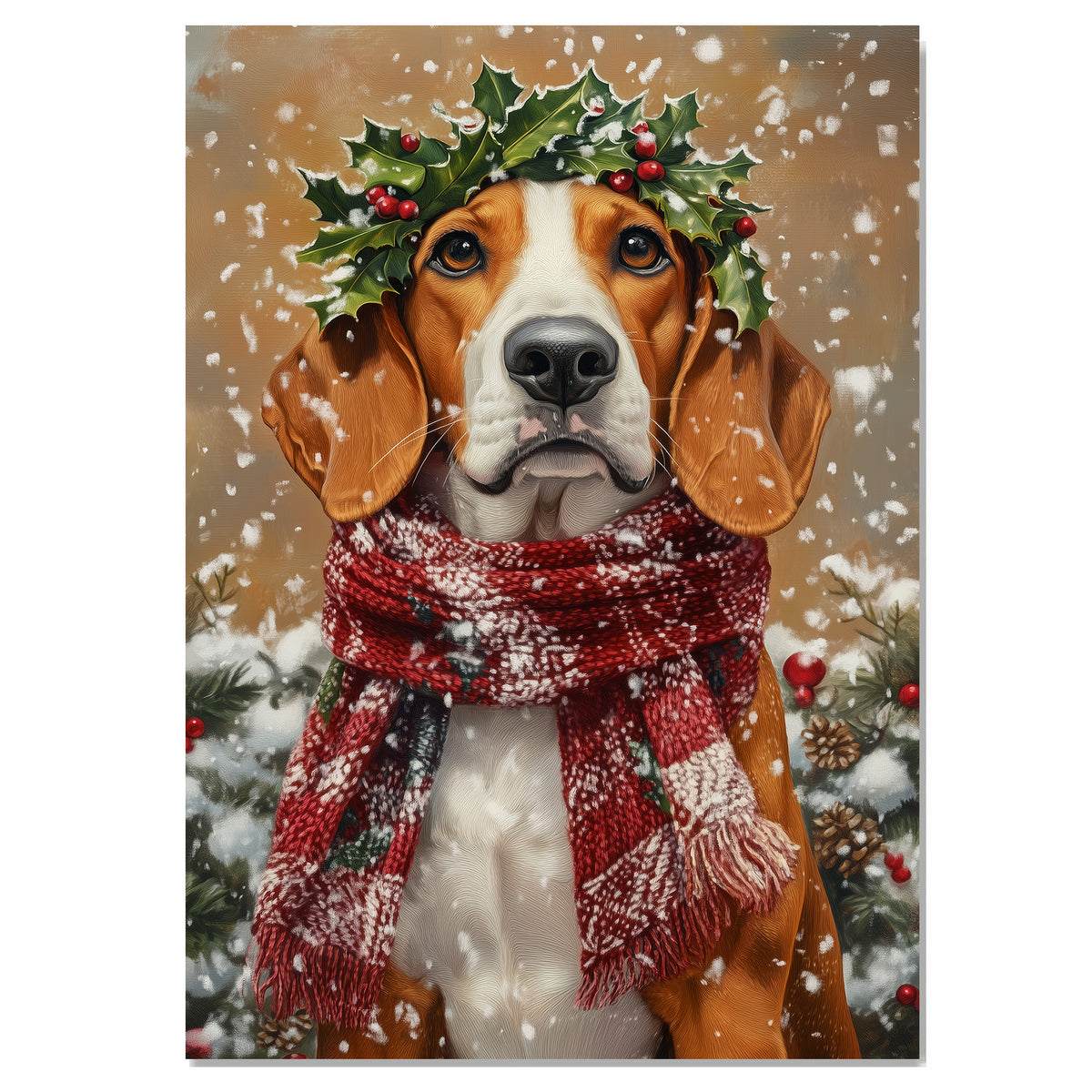 American English Foxhound Christmas Dog Wall Art with Red Scarf and Holly Wreath for Winter Snow Festive Puppy Holiday Artwork on Flat Rolled, Framed or Wrapped Canvas