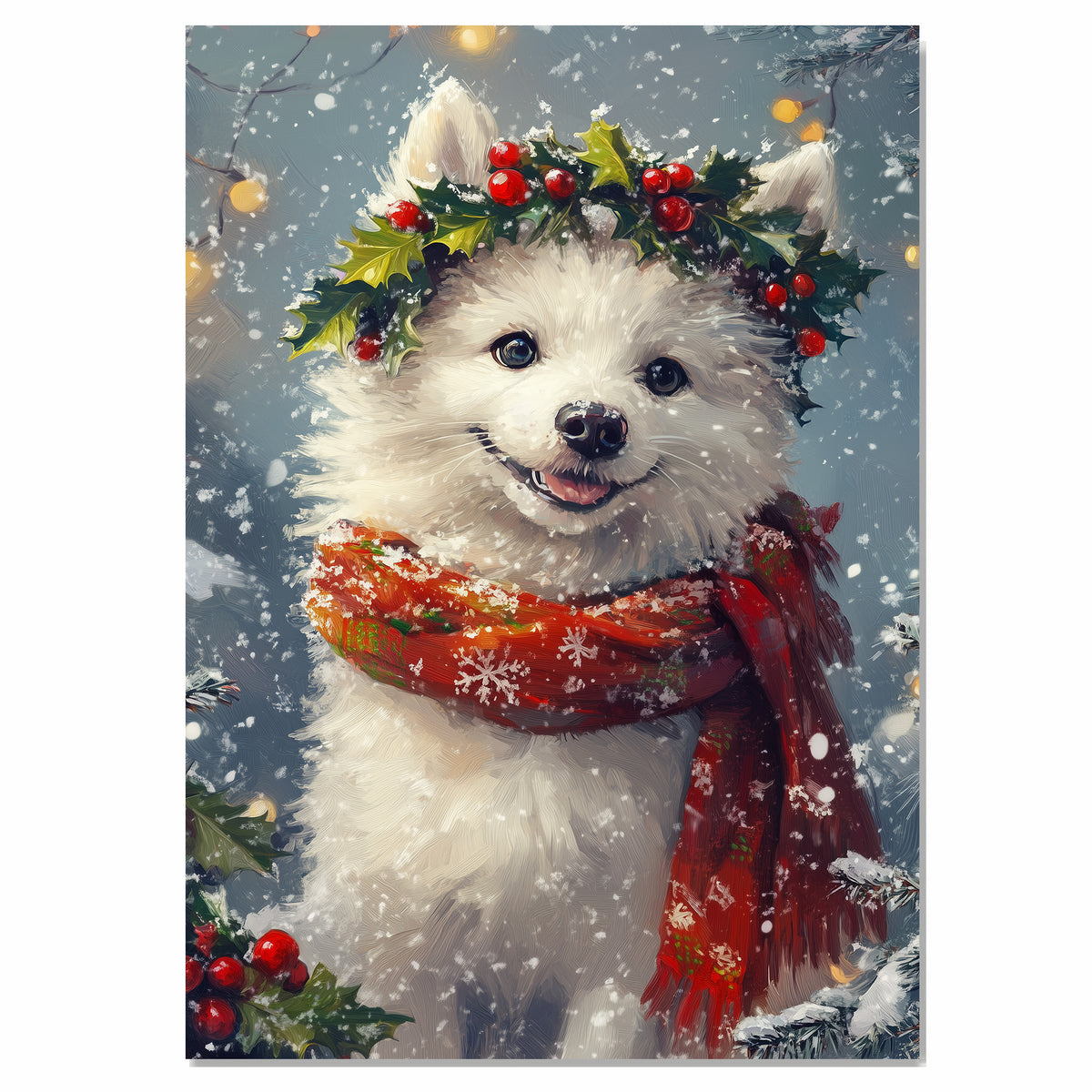 American Eskimo Christmas Dog Wall Art with Red Scarf and Holly Wreath for Winter Snow Festive Puppy Holiday Artwork on Flat Rolled, Framed or Wrapped Canvas