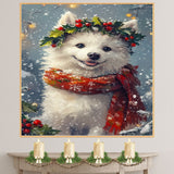 American Eskimo Christmas Dog Wall Art with Red Scarf and Holly Wreath for Winter Snow Festive Puppy Holiday Artwork on Flat Rolled, Framed or Wrapped Canvas