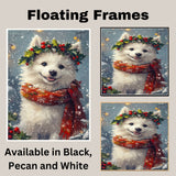 American Eskimo Christmas Dog Wall Art with Red Scarf and Holly Wreath for Winter Snow Festive Puppy Holiday Artwork on Flat Rolled, Framed or Wrapped Canvas