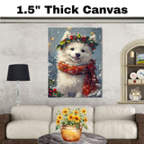 American Eskimo Christmas Dog Wall Art with Red Scarf and Holly Wreath for Winter Snow Festive Puppy Holiday Artwork on Flat Rolled, Framed or Wrapped Canvas