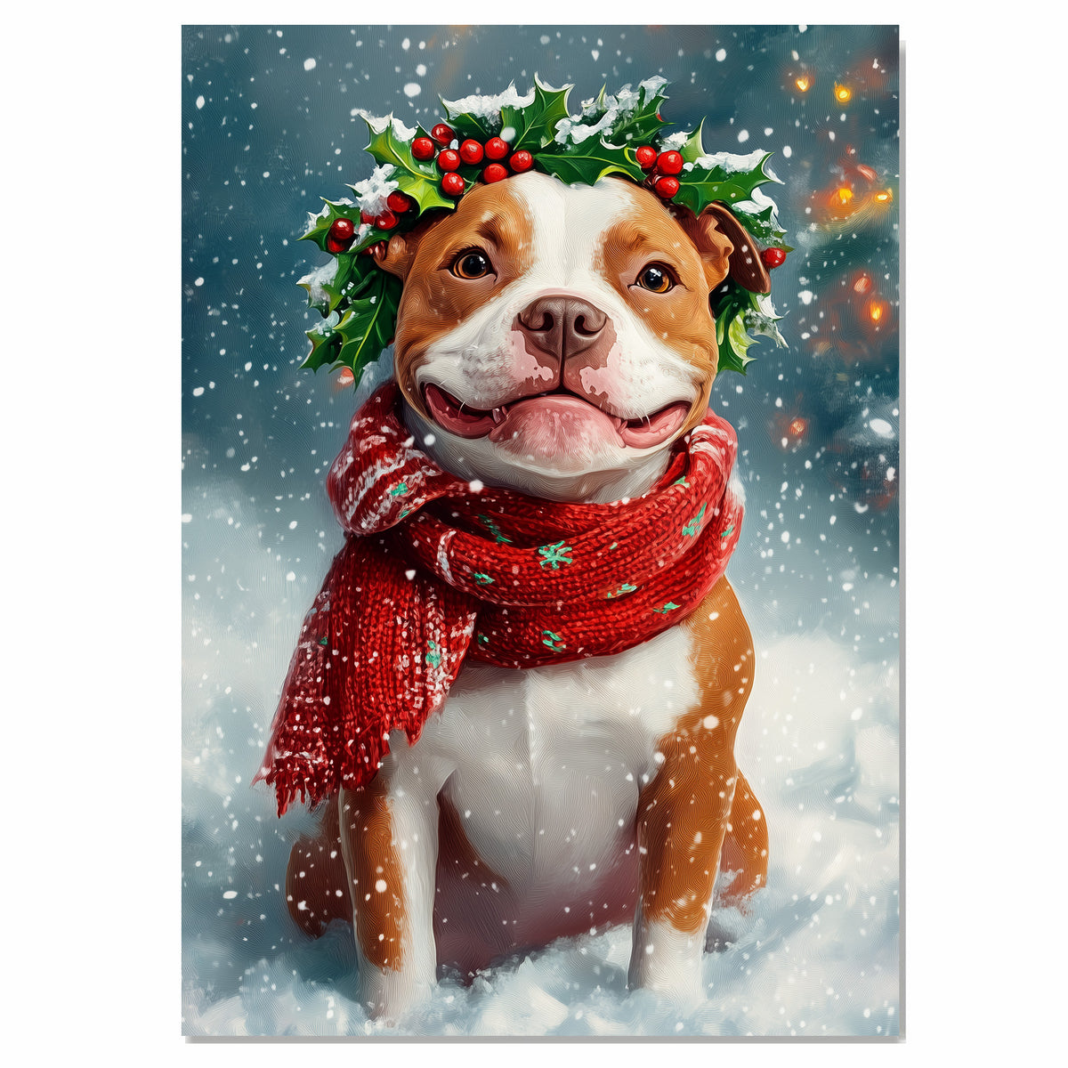 Christmas American Staffordshire Terrier Dog Wall Art with Red Scarf and Holly Wreath for Winter Snow Festive Puppy Holiday Artwork on Flat Rolled, Framed or Wrapped Canvas