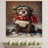 American Staffordshire Terrier Christmas Dog Wall Art with Red Scarf and Holly Wreath for Winter Snow Festive Puppy Holiday Artwork on Flat Rolled, Framed or Wrapped Canvas