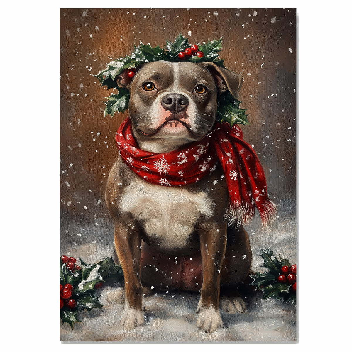 American Staffordshire Terrier Christmas Dog Wall Art with Red Scarf and Holly Wreath for Winter Snow Festive Puppy Holiday Artwork on Flat Rolled, Framed or Wrapped Canvas