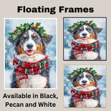 Australian Shepherd Christmas Dog Wall Art with Red Scarf and Holly Wreath for Winter Snow Festive Puppy Holiday Artwork on Flat Rolled, Framed or Wrapped Canvas