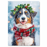Australian Shepherd Christmas Dog Wall Art with Red Scarf and Holly Wreath for Winter Snow Festive Puppy Holiday Artwork on Flat Rolled, Framed or Wrapped Canvas