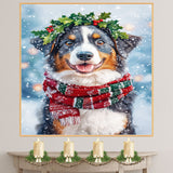 Australian Shepherd Christmas Dog Wall Art with Red Scarf and Holly Wreath for Winter Snow Festive Puppy Holiday Artwork on Flat Rolled, Framed or Wrapped Canvas