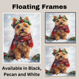 Australian Terrier Christmas Dog Wall Art with Red Scarf and Holly Wreath for Winter Snow Festive Puppy Holiday Artwork on Flat Rolled, Framed or Wrapped Canvas