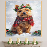 Australian Terrier Christmas Dog Wall Art with Red Scarf and Holly Wreath for Winter Snow Festive Puppy Holiday Artwork on Flat Rolled, Framed or Wrapped Canvas