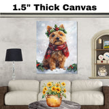 Australian Terrier Christmas Dog Wall Art with Red Scarf and Holly Wreath for Winter Snow Festive Puppy Holiday Artwork on Flat Rolled, Framed or Wrapped Canvas