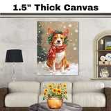Basenji Christmas Dog Wall Art with Red Scarf and Holly Wreath for Winter Snow Festive Puppy Holiday Artwork on Flat Rolled, Framed or Wrapped Canvas