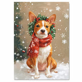 Basenji Christmas Dog Wall Art with Red Scarf and Holly Wreath for Winter Snow Festive Puppy Holiday Artwork on Flat Rolled, Framed or Wrapped Canvas