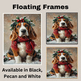 Basset Hound Christmas Dog Wall Art with Red Scarf and Holly Wreath for Winter Snow Festive Puppy Holiday Artwork on Flat Rolled, Framed or Wrapped Canvas