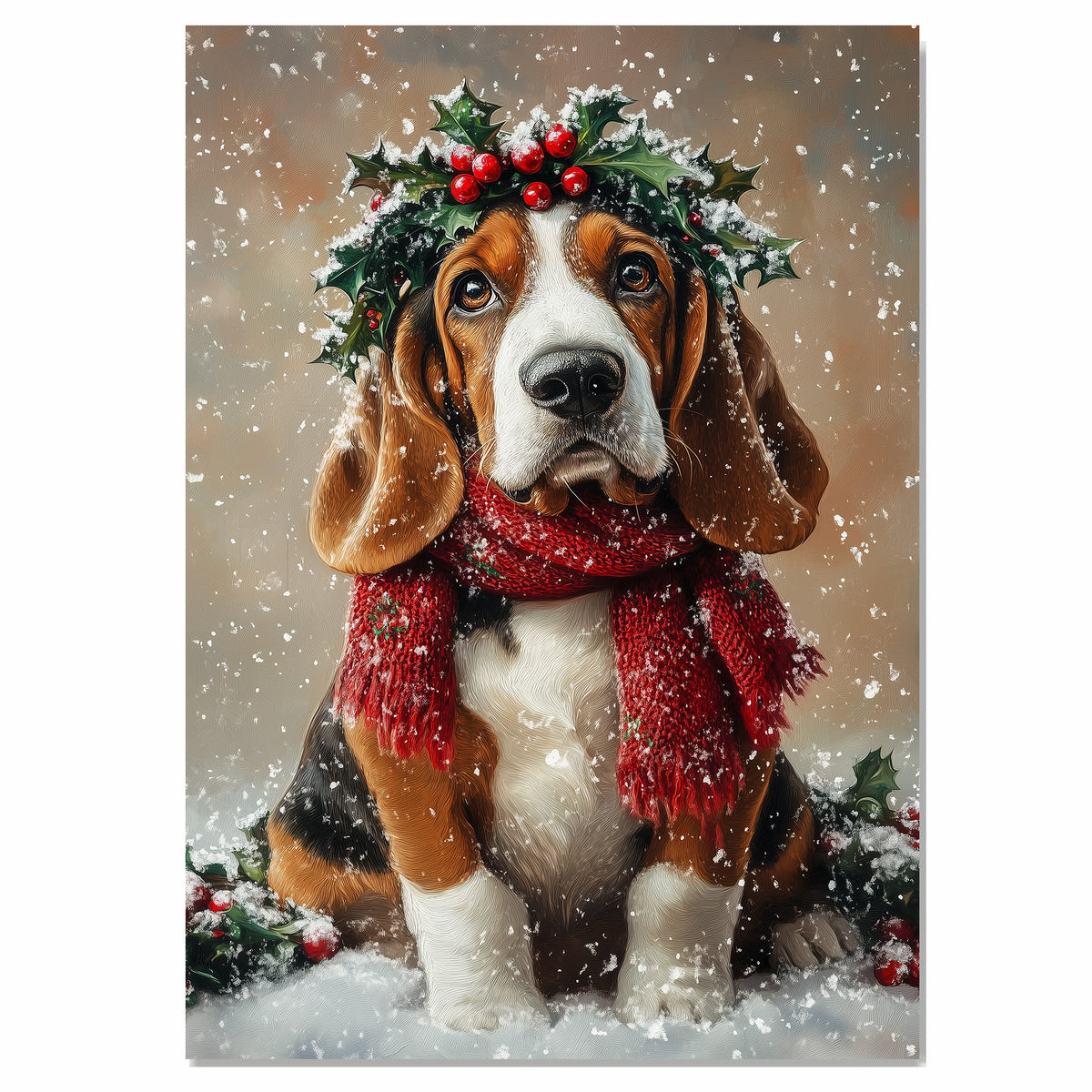 Basset Hound Christmas Dog Wall Art with Red Scarf and Holly Wreath for Winter Snow Festive Puppy Holiday Artwork on Flat Rolled, Framed or Wrapped Canvas