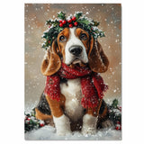Basset Hound Christmas Dog Wall Art with Red Scarf and Holly Wreath for Winter Snow Festive Puppy Holiday Artwork on Flat Rolled, Framed or Wrapped Canvas