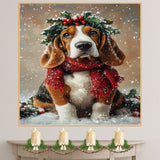 Basset Hound Christmas Dog Wall Art with Red Scarf and Holly Wreath for Winter Snow Festive Puppy Holiday Artwork on Flat Rolled, Framed or Wrapped Canvas