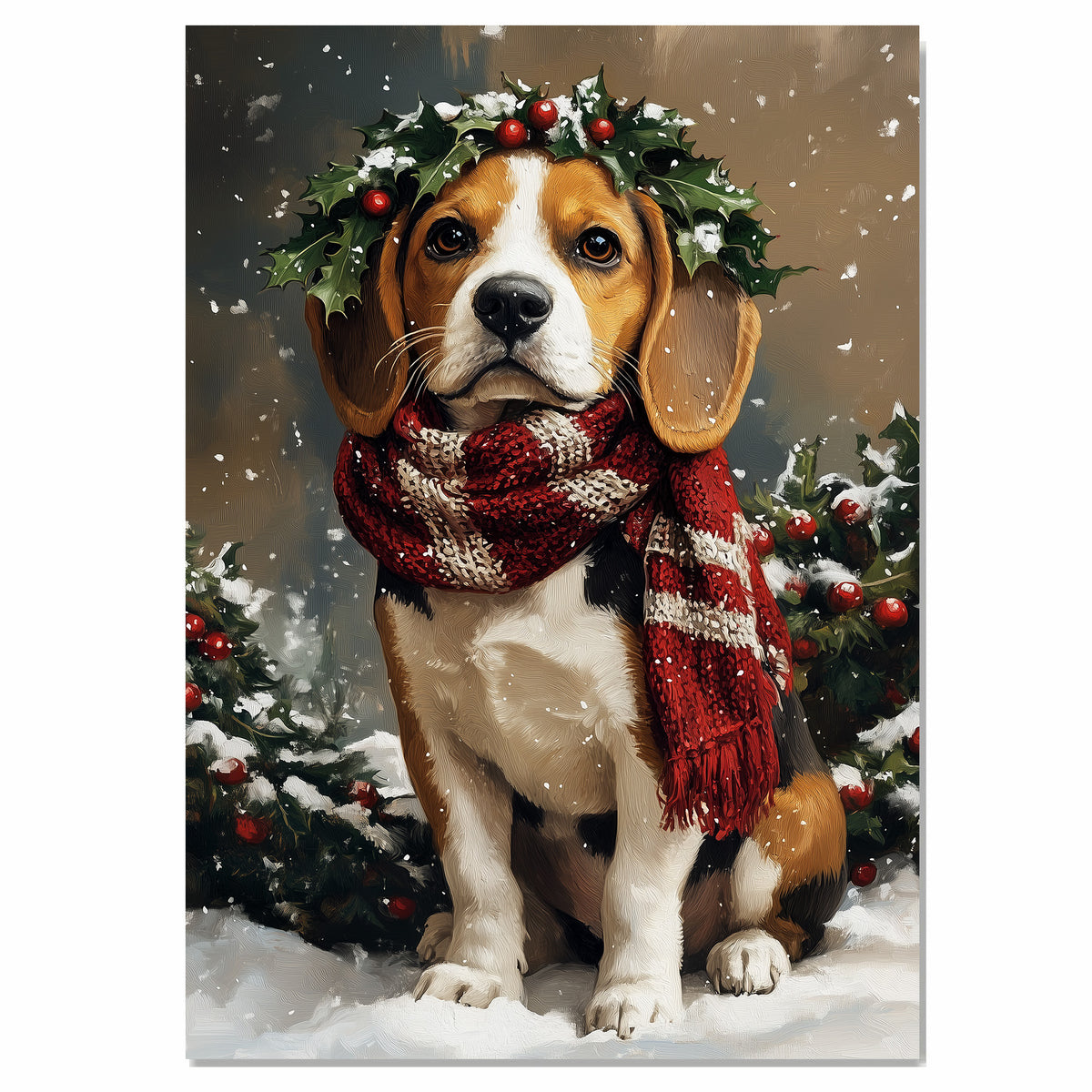 Beagle Christmas Dog Wall Art with Red Scarf and Holly Wreath for Winter Snow Festive Puppy Holiday Artwork on Flat Rolled, Framed or Wrapped Canvas