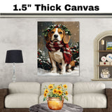 Beagle Christmas Dog Wall Art with Red Scarf and Holly Wreath for Winter Snow Festive Puppy Holiday Artwork on Flat Rolled, Framed or Wrapped Canvas