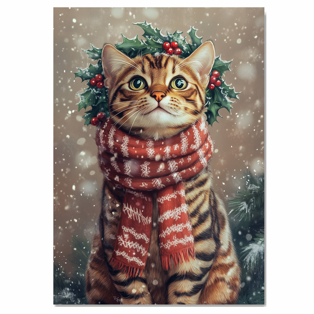 Bengal Cat Christmas Wall Art with Red Scarf and Holly Wreath for Winter Snow Festive Puppy Holiday Artwork on Flat Rolled, Framed or Wrapped Canvas
