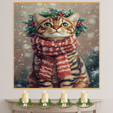 Bengal Cat Christmas Wall Art with Red Scarf and Holly Wreath for Winter Snow Festive Puppy Holiday Artwork on Flat Rolled, Framed or Wrapped Canvas