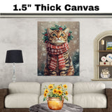 Bengal Cat Christmas Wall Art with Red Scarf and Holly Wreath for Winter Snow Festive Puppy Holiday Artwork on Flat Rolled, Framed or Wrapped Canvas