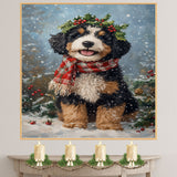 Bernedoodle Christmas Dog Wall Art with Red Scarf and Holly Wreath for Winter Snow Festive Puppy Holiday Artwork on Flat Rolled, Framed or Wrapped Canvas