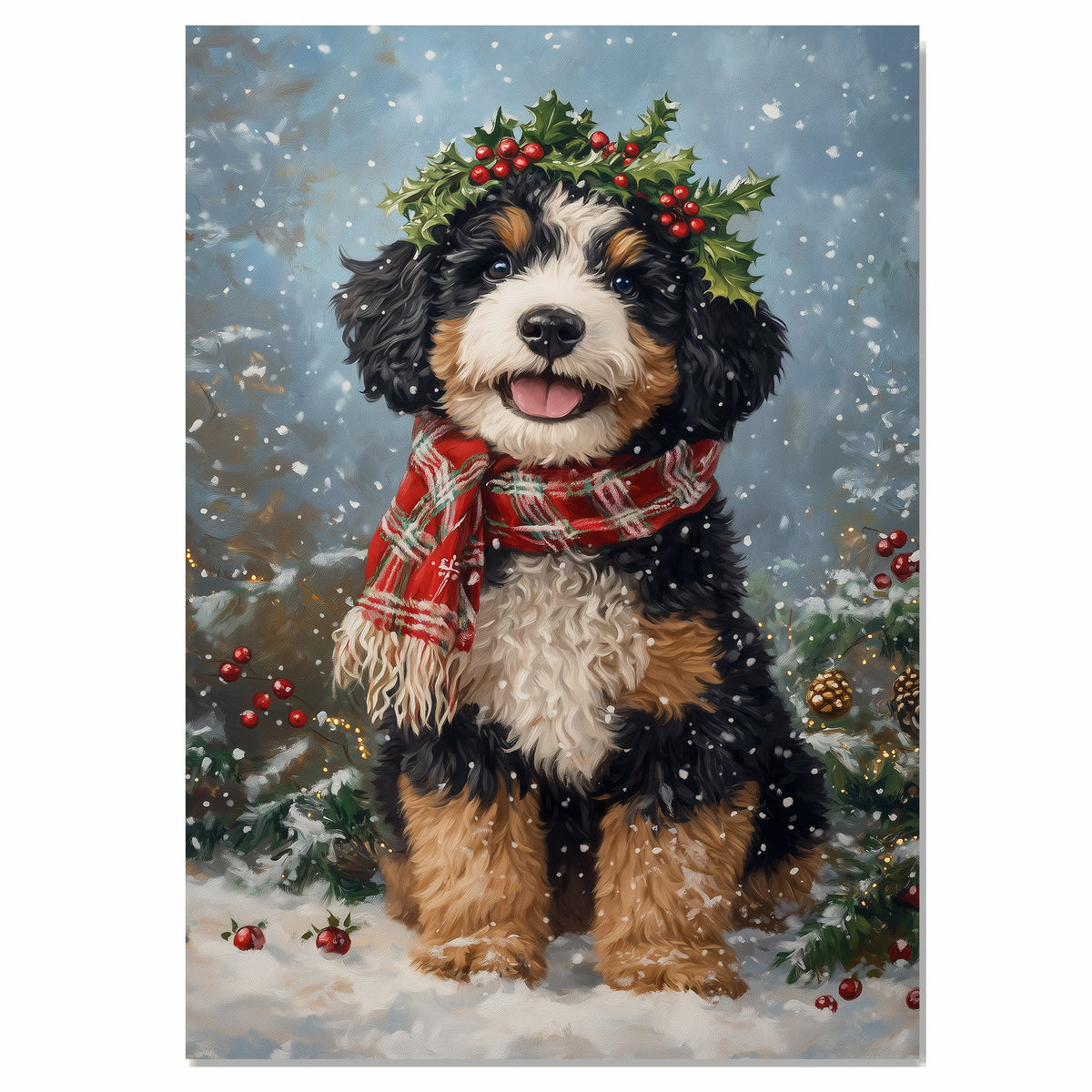 Bernedoodle Christmas Dog Wall Art with Red Scarf and Holly Wreath for Winter Snow Festive Puppy Holiday Artwork on Flat Rolled, Framed or Wrapped Canvas