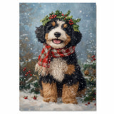 Bernedoodle Christmas Dog Wall Art with Red Scarf and Holly Wreath for Winter Snow Festive Puppy Holiday Artwork on Flat Rolled, Framed or Wrapped Canvas