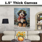 Bernedoodle Christmas Dog Wall Art with Red Scarf and Holly Wreath for Winter Snow Festive Puppy Holiday Artwork on Flat Rolled, Framed or Wrapped Canvas