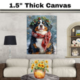 Bernese Mountain Christmas Dog Wall Art with Red Scarf and Holly Wreath for Winter Snow Festive Puppy Holiday Artwork on Flat Rolled, Framed or Wrapped Canvas