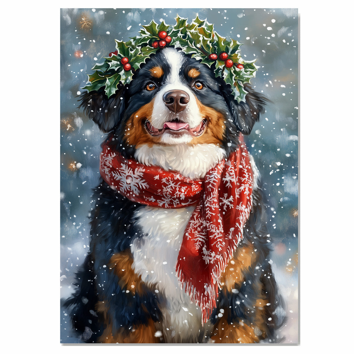 Bernese Mountain Christmas Dog Wall Art with Red Scarf and Holly Wreath for Winter Snow Festive Puppy Holiday Artwork on Flat Rolled, Framed or Wrapped Canvas