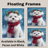 Bichon Frise Christmas Dog Wall Art with Red Scarf and Holly Wreath for Winter Snow Festive Puppy Holiday Artwork on Flat Rolled, Framed or Wrapped Canvas