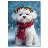 Bichon Frise Christmas Dog Wall Art with Red Scarf and Holly Wreath for Winter Snow Festive Puppy Holiday Artwork on Flat Rolled, Framed or Wrapped Canvas
