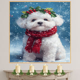 Bichon Frise Christmas Dog Wall Art with Red Scarf and Holly Wreath for Winter Snow Festive Puppy Holiday Artwork on Flat Rolled, Framed or Wrapped Canvas