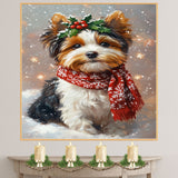 Biewer with Christmas Dog Wall Art with Red Scarf and Holly Wreath for Winter Snow Festive Puppy Holiday Artwork on Flat Rolled, Framed or Wrapped Canvas