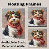 Biewer with Christmas Dog Wall Art with Red Scarf and Holly Wreath for Winter Snow Festive Puppy Holiday Artwork on Flat Rolled, Framed or Wrapped Canvas